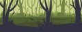 Vector illustration landscape background. Night on the green swamp with dark trees. Mystery silhouette wild tropic jungle forest